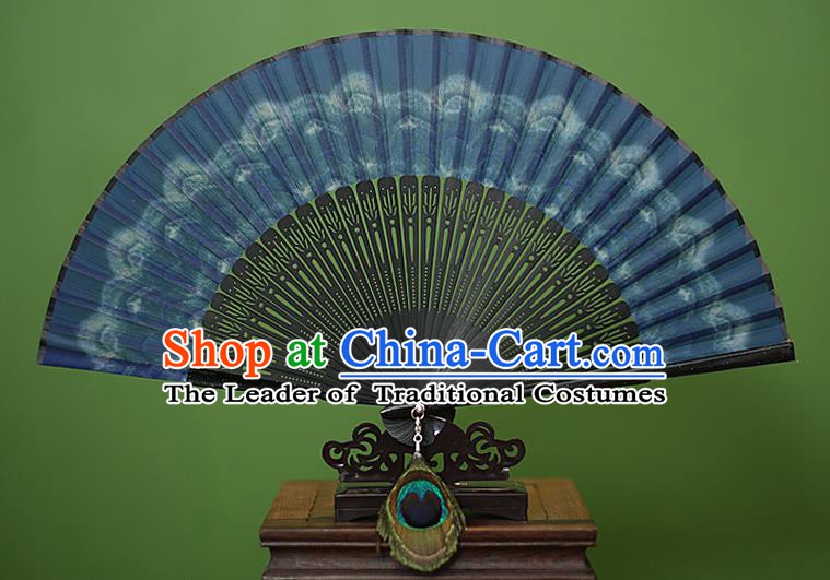 Traditional Chinese Crafts Peacock Spreads Tail Folding Fan, China Handmade Classical Blue Silk Fans for Women