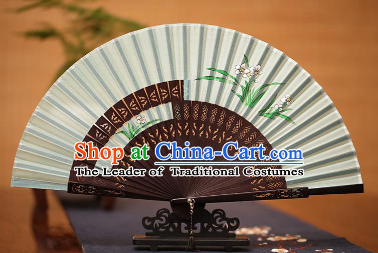 Traditional Chinese Crafts Printing Orchid Folding Fan, China Handmade Classical Green Silk Fans for Women