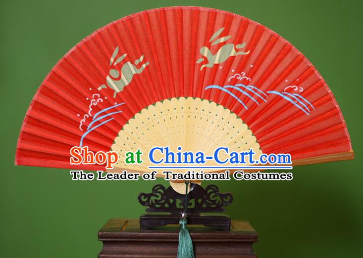 Traditional Chinese Crafts Printing Rabbit Folding Fan, China Handmade Classical Red Silk Fans for Women