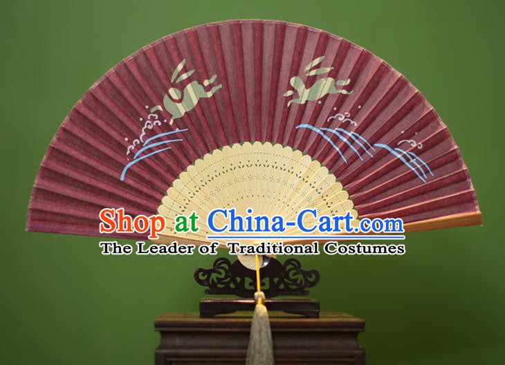 Traditional Chinese Crafts Printing Rabbit Folding Fan, China Handmade Classical Amaranth Silk Fans for Women