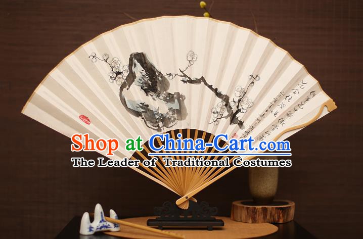 Traditional Chinese Crafts Collectables Autograph Folding Fan, China Handmade Classical Ink Painting Wintersweet Xuan Paper Fans for Men