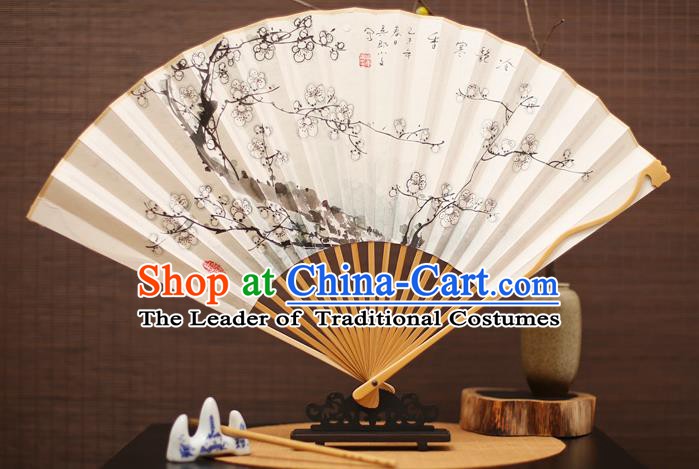 Traditional Chinese Crafts Collectables Autograph Folding Fan, China Handmade Classical Ink Painting Wintersweet Xuan Paper Fans for Men