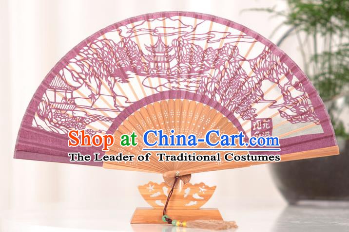 Traditional Chinese Crafts West Lake Scenery Folding Fan, China Handmade Classical Amaranth Silk Fans for Women