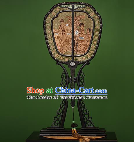 Traditional Chinese Crafts Ebony Pyrographic Palace Fan, China Handmade Princess Sandalwood Fans for Women