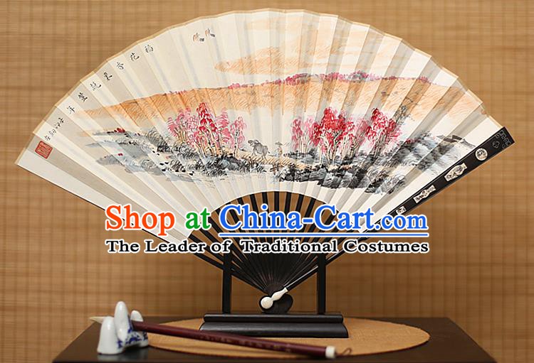 Traditional Chinese Crafts Painting Paper Folding Fan, China Handmade Ebony Fans for Men