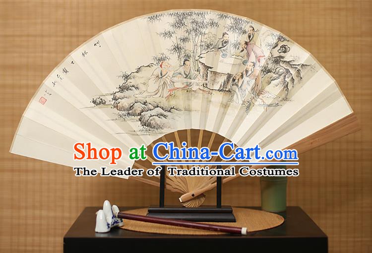 Traditional Chinese Crafts Ink Painting Paper Folding Fan, China Handmade Sandalwood Fans for Men