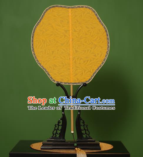 Traditional Chinese Crafts Yellow Jacquard Weave Lace Palace Fan, China Handmade Princess Palm-Leaf Fans for Women