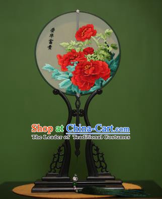 Traditional Chinese Crafts Suzhou Embroidery Red Peony Palace Fan, China Princess Embroidered Silk Round Fans for Women