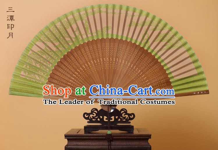 Traditional Chinese Crafts Three Pools Mirroring the Moon Folding Fan, China Handmade Scissor-Cut Green Silk Fans for Women