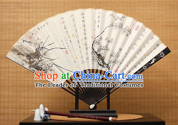 Traditional Chinese Crafts Collectables Autograph Xuan Paper Folding Fan, China Handmade Ink Painting Wintersweet Orchid Fans for Men