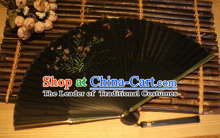 Traditional Chinese Crafts Printing Orchid Classical Folding Fan, China Handmade Black Silk Fans for Women