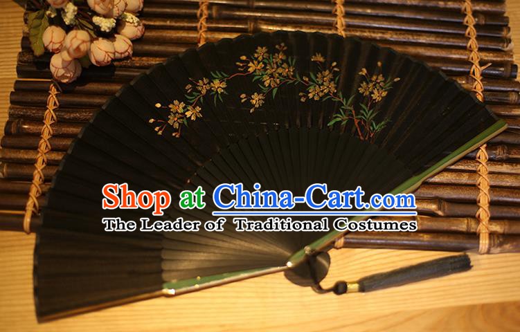 Traditional Chinese Crafts Printing Peach Blossom Classical Folding Fan, China Handmade Black Silk Fans for Women