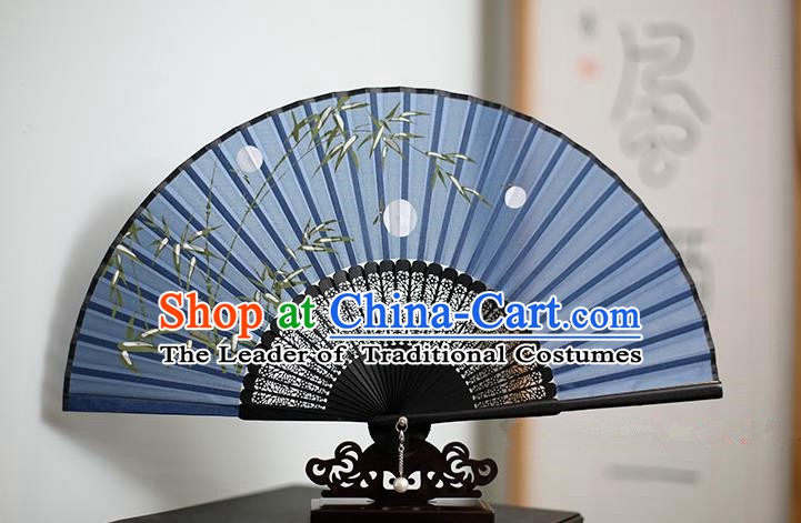 Traditional Chinese Crafts Printing Bamboo Classical Folding Fan, China Handmade Blue Silk Fans for Women