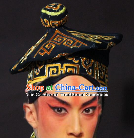 Traditional China Beijing Opera Takefu Black Hats, Chinese Peking Opera Imperial Bodyguard Embroidered Headwear