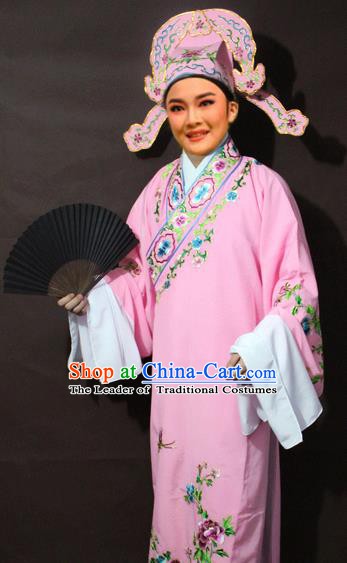 Traditional China Beijing Opera Niche Costume Pink Embroidered Robe, Chinese Peking Opera Gifted Scholar Clothing