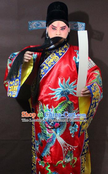 Traditional China Beijing Opera God of Wealth Costume Red Embroidered Robe, Chinese Peking Opera Embroidery Gwanbok Clothing