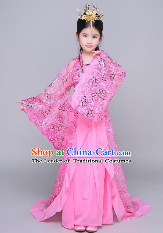 Traditional Chinese Ancient Children Peri Hanfu Clothing, China Tang Dynasty Palace Princess Costume Trailing Dress for Kids