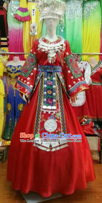 Chinese Traditional Miao Nationality Wedding Red Costume Hmong Folk Dance Ethnic Clothing for Women