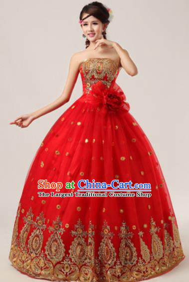 Top Grade Compere Costume Waltz Dance Modern Dance Stage Performance Red Dress for Women