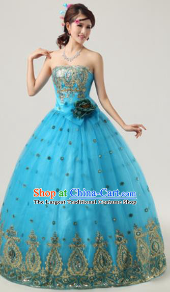 Top Grade Compere Costume Waltz Dance Modern Dance Stage Performance Blue Dress for Women