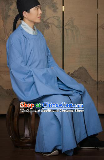 Chinese Traditional Song Dynasty Scholar Replica Costumes Ancient Minister Blue Robe for Men