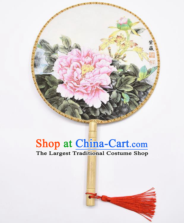 Chinese Ancient Palace Fans Handmade Ink Painting Peony Round Fans for Women