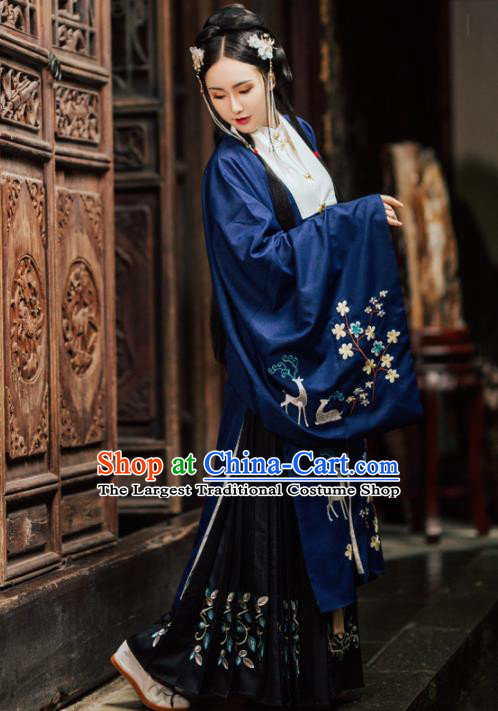 Chinese Ancient Embroidered Costumes Ming Dynasty Princess Blue Hanfu Dress for Women