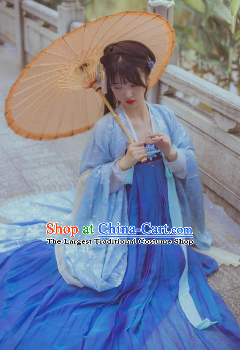 Chinese Ancient Maidenform Costumes Tang Dynasty Princess Embroidered Blue Hanfu Dress for Women