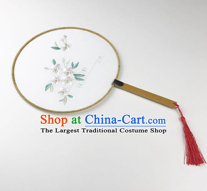 Chinese Ancient Princess Palace Fans Traditional Embroidered White Flowers Round Fans for Women