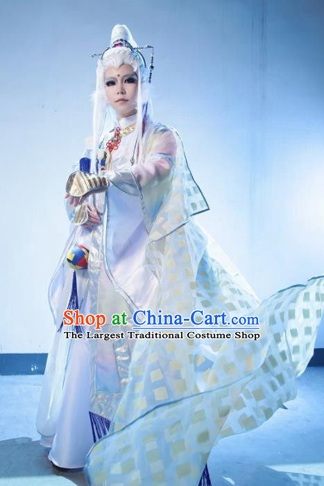 Top Grade Chinese Ancient Cosplay Taoist Priest Swordsman White Costumes for Men