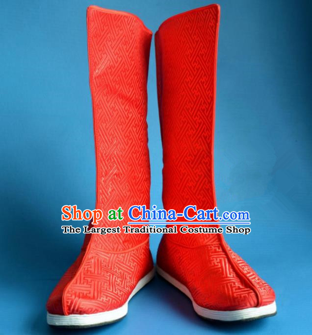 Chinese Traditional Beijing Opera Takefu Shoes Ancient Qing Dynasty Emperor Red Satin Boots for Men