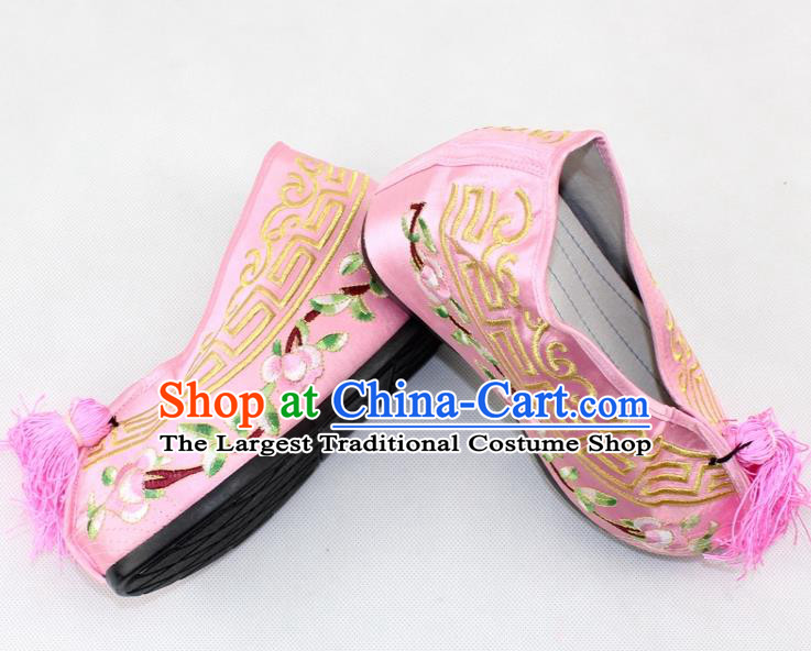 Chinese Traditional Beijing Opera Pink Blood Stained Shoes Ancient Handmade Princess Embroidered Shoes for Women