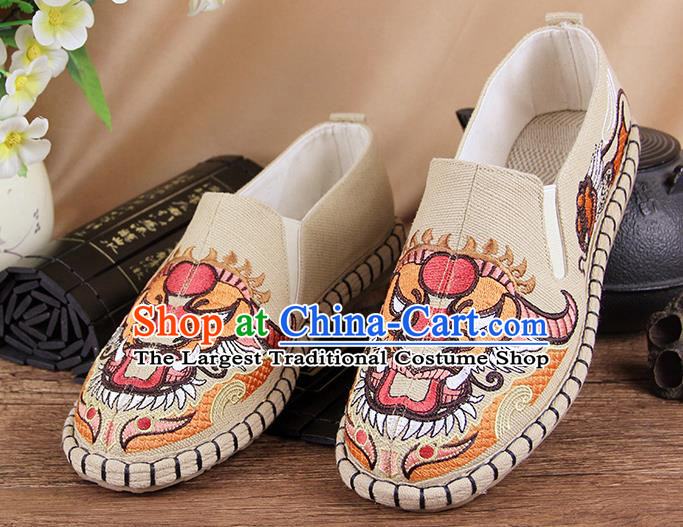 Chinese National Shoes Traditional Cloth Shoes Embroidery Beige Shoes for Men