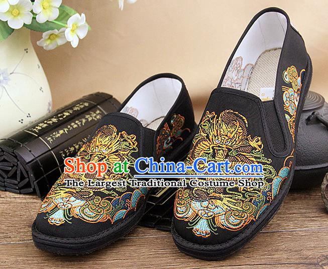 Chinese National Shoes Traditional Black Cloth Shoes Embroidery Dragon Shoes for Men