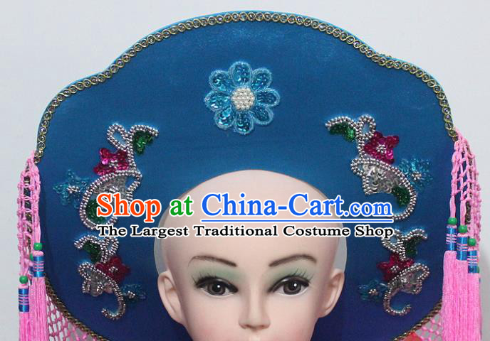 Chinese Traditional Peking Opera Fishing Female Hat Ancient Swordswoman Blue Hat for Women