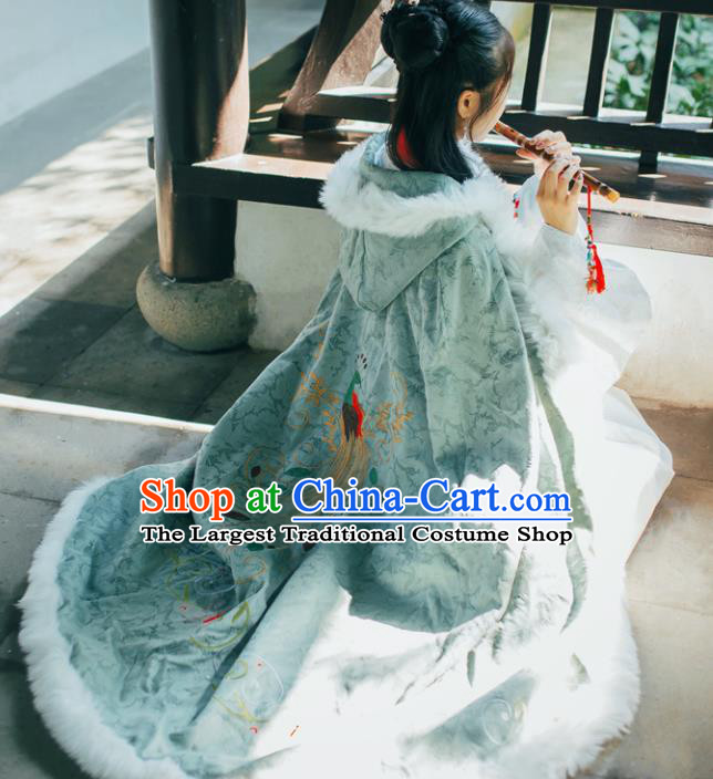 Chinese Traditional Costume Ancient Ming Dynasty Princess Embroidered Green Cloak for Women