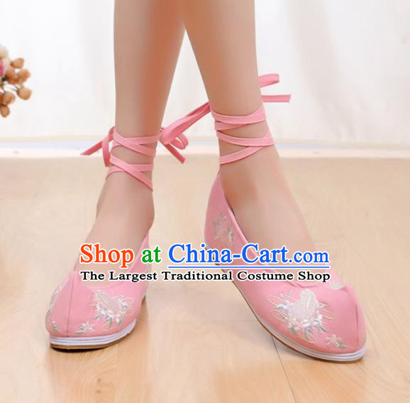 Chinese Traditional National Shoes Ancient Hanfu Shoes Pink Embroidered Shoes for Women