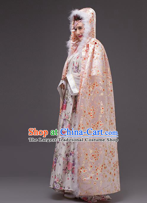 Chinese Traditional Costumes Ancient Peri Princess Hanfu Pink Satin Cloak for Women