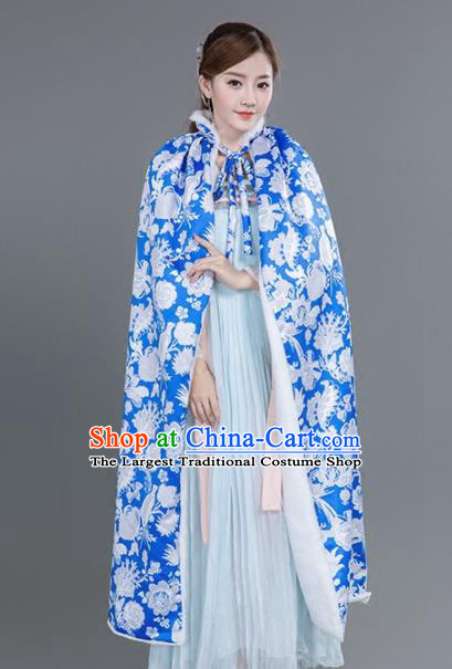 Chinese Traditional Costumes Ancient Princess Hanfu Thicken Blue Cloak for Women