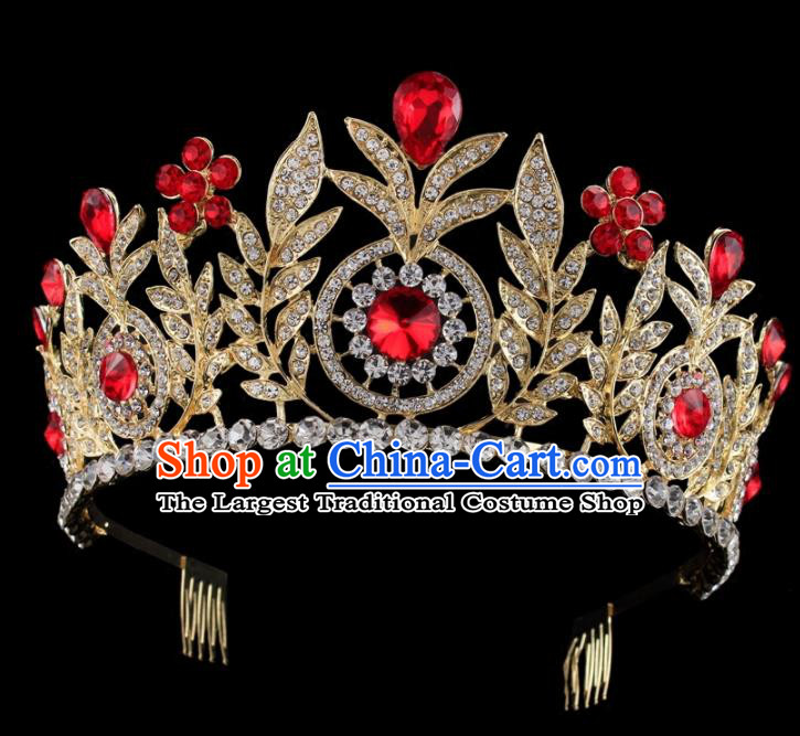 Top Grade Baroque Wind Retro Hair Accessories Bride Red Crystal Golden Royal Crown for Women