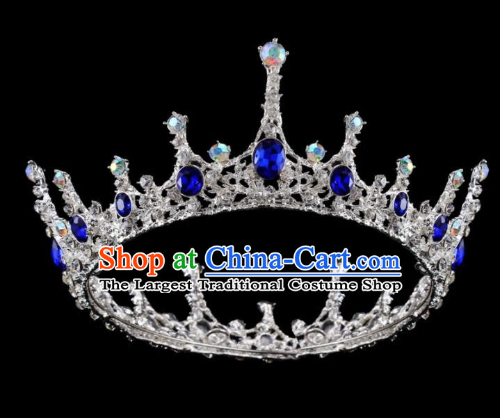 Top Grade Baroque Retro Round Royal Crown Bride Blue Crystal Wedding Hair Accessories for Women