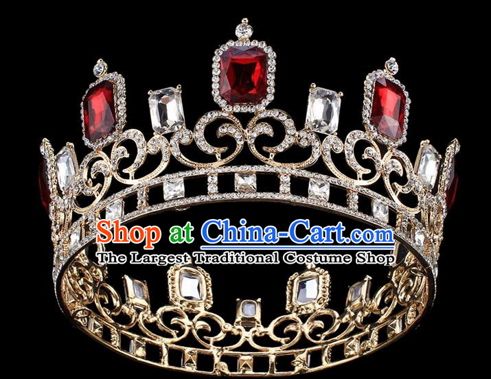 Handmade Wedding Queen Red Rhinestone Royal Crown Baroque Retro Hair Accessories for Women