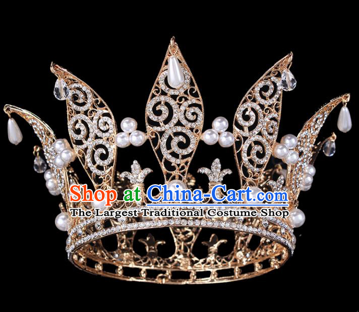 Handmade Bride Wedding Hair Jewelry Accessories Baroque Queen Crystal Pearls Golden Royal Crown for Women