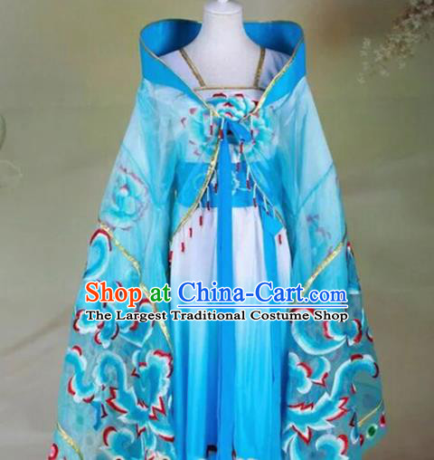 Chinese Tang Dynasty Imperial Consort Embroidered Costumes Ancient Princess Blue Hanfu Dress for Women