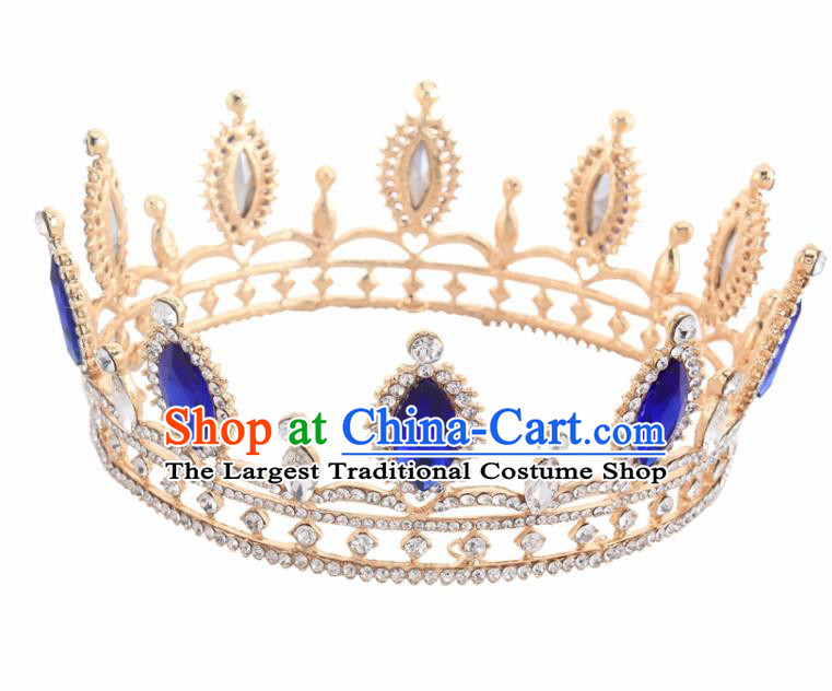 Top Grade Baroque Court Princess Blue Crystal Round Royal Crown Wedding Bride Hair Accessories for Women