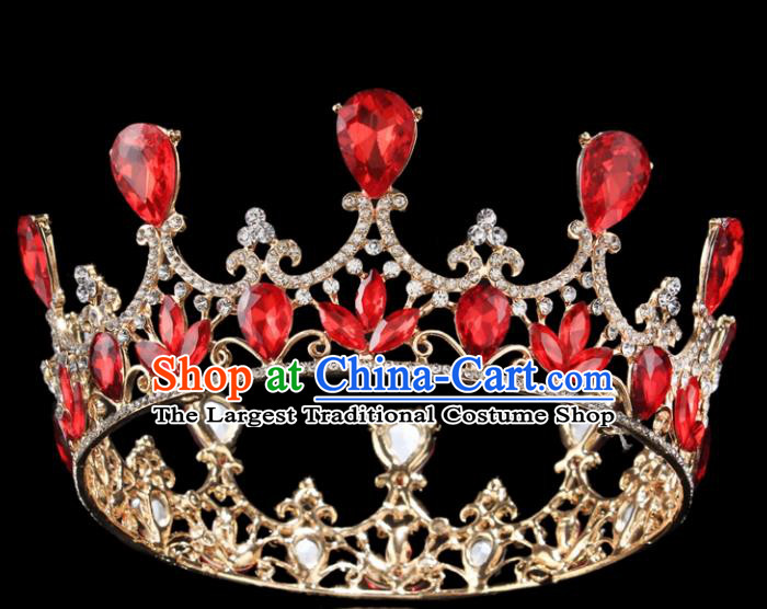 Top Grade Baroque Court Princess Red Crystal Round Royal Crown Wedding Bride Hair Accessories for Women