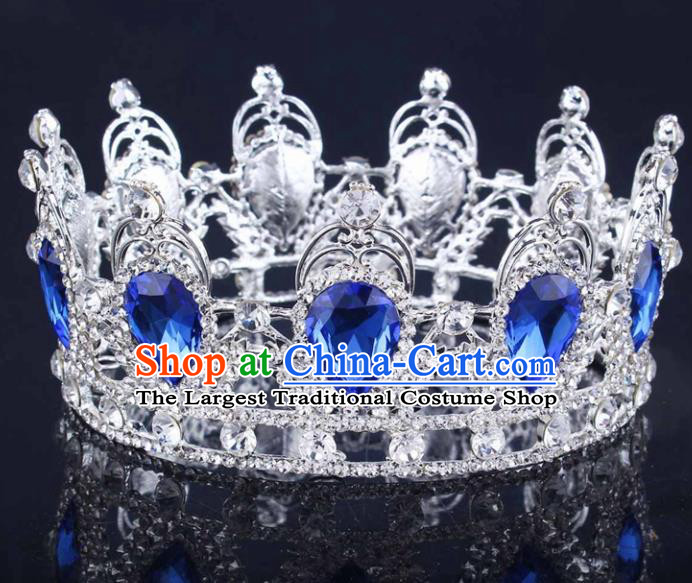 Handmade Bride Wedding Hair Jewelry Accessories Baroque Blue Crystal Round Royal Crown for Women