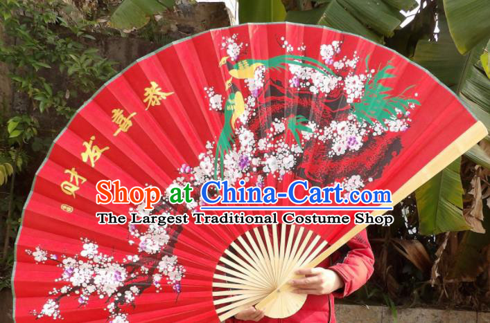 Chinese Traditional Handmade Red Silk Fans Decoration Crafts Ink Painting Plum Blossom Wood Frame Folding Fans