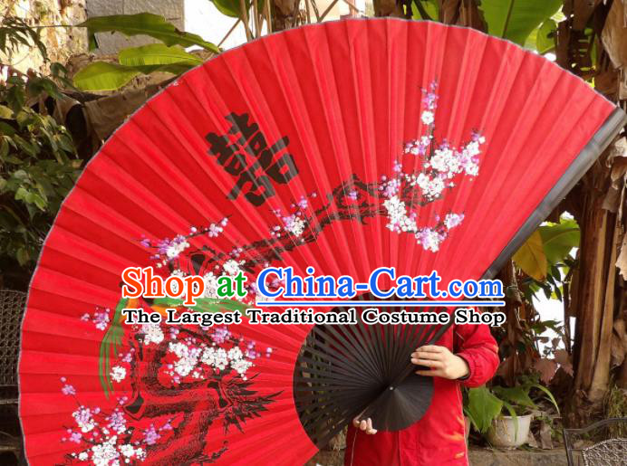 Chinese Traditional Handmade Red Silk Fans Decoration Crafts Ink Painting Plum Blossom Black Frame Folding Fans