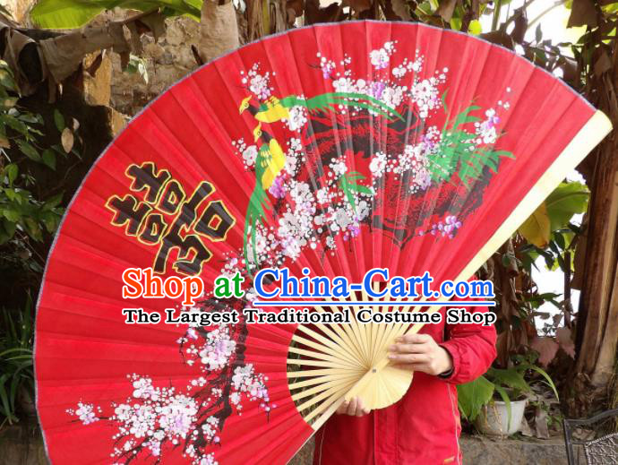 Chinese Traditional Handmade Red Silk Fans Decoration Crafts Ink Painting Plum Blossom Wood Frame Folding Fans